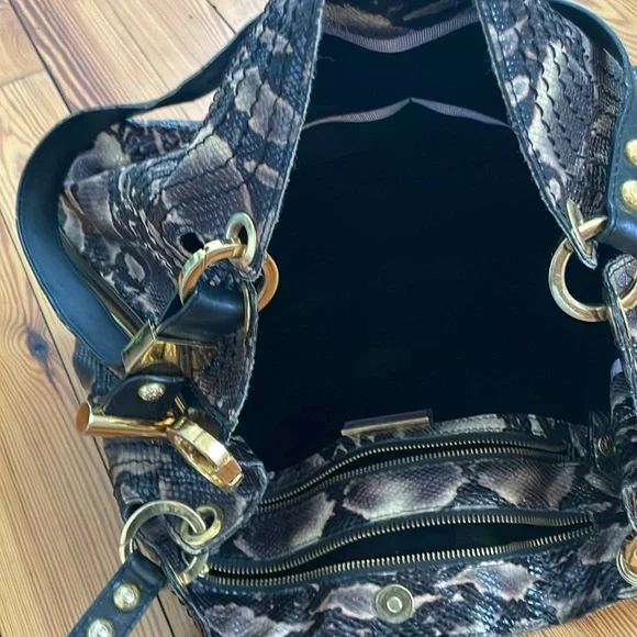 Faux Black, Tan and Gray Python Shoulder Bag With Gold Accents - Picture 6 of 9